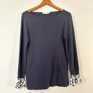 NWT LOFT Blue Grey Boatneck Sweater Animal Print Ruffle Sleeve Medium